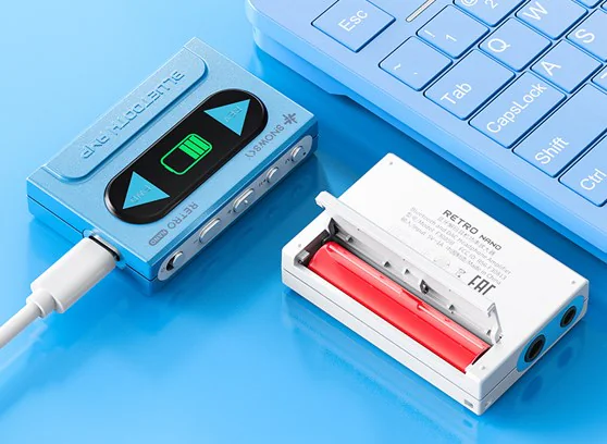 a blue electronic device next to a blue keyboard