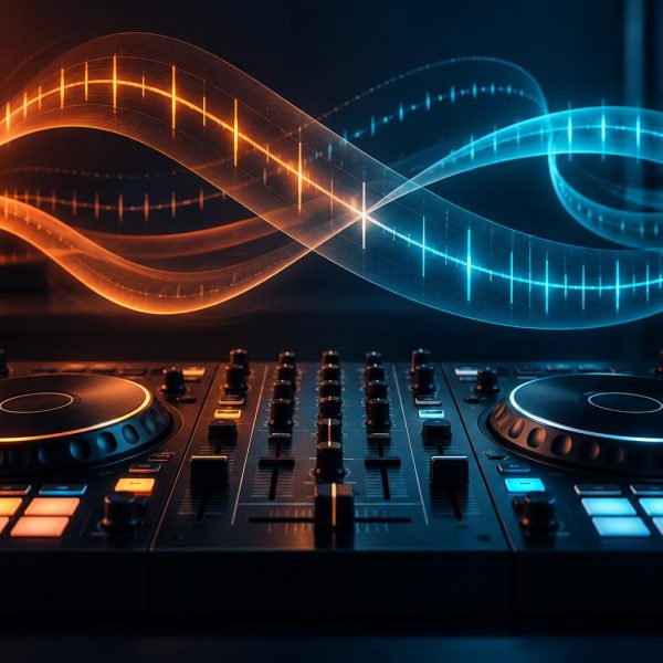 Kontroler DJ i kolorowe fale symbolizujące zmienne tempo i pętle – ilustracja AI