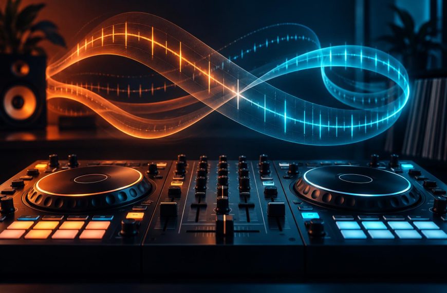 Kontroler DJ i kolorowe fale symbolizujące zmienne tempo i pętle – ilustracja AI