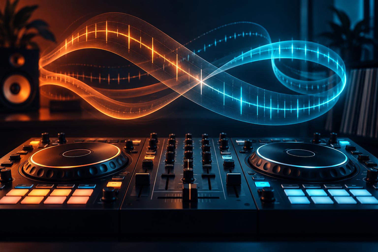 Kontroler DJ i kolorowe fale symbolizujące zmienne tempo i pętle – ilustracja AI
