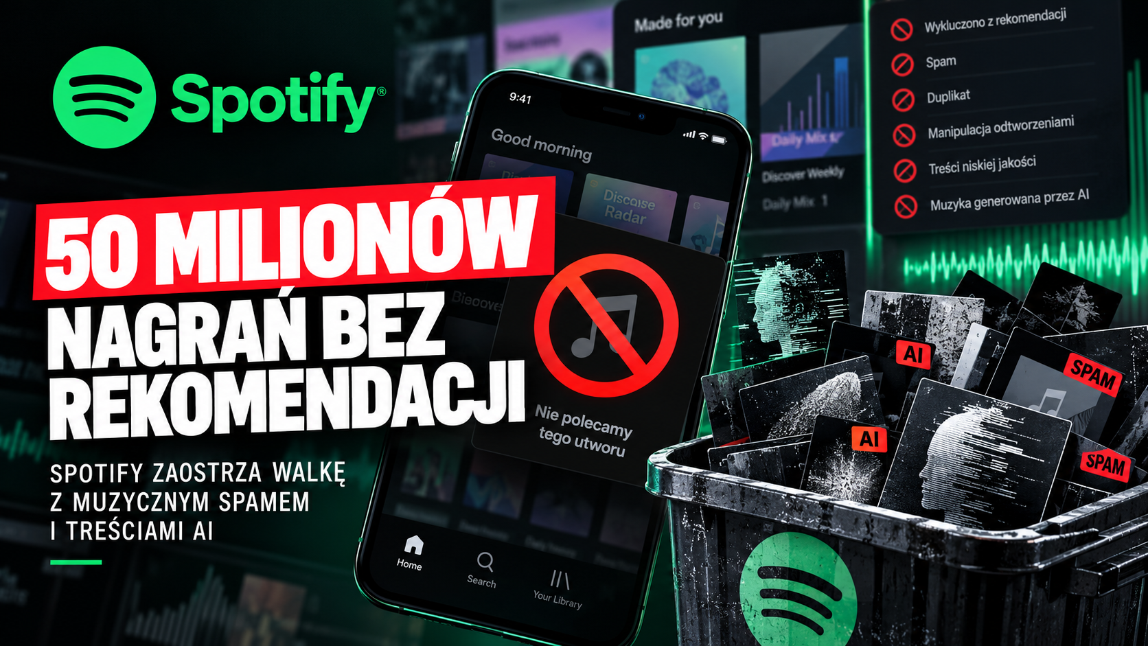 Spotify wyklucza 50 milionów nagrań z rekomendacji. Ilustracja wygenerowana przez AI.