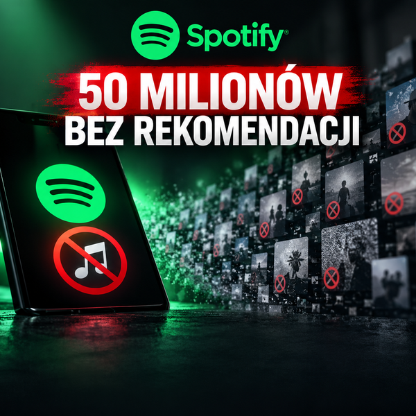 Logo Spotify, telefon i odrzucone nagrania z napisem „50 milionów bez rekomendacji”. Ilustracja wygenerowana przez AI.