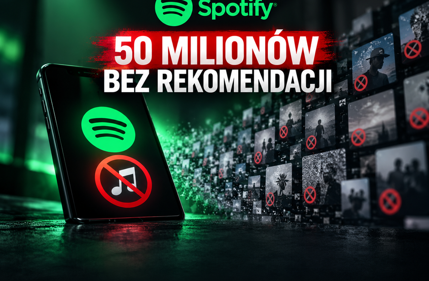 Logo Spotify, telefon i odrzucone nagrania z napisem „50 milionów bez rekomendacji”. Ilustracja wygenerowana przez AI.