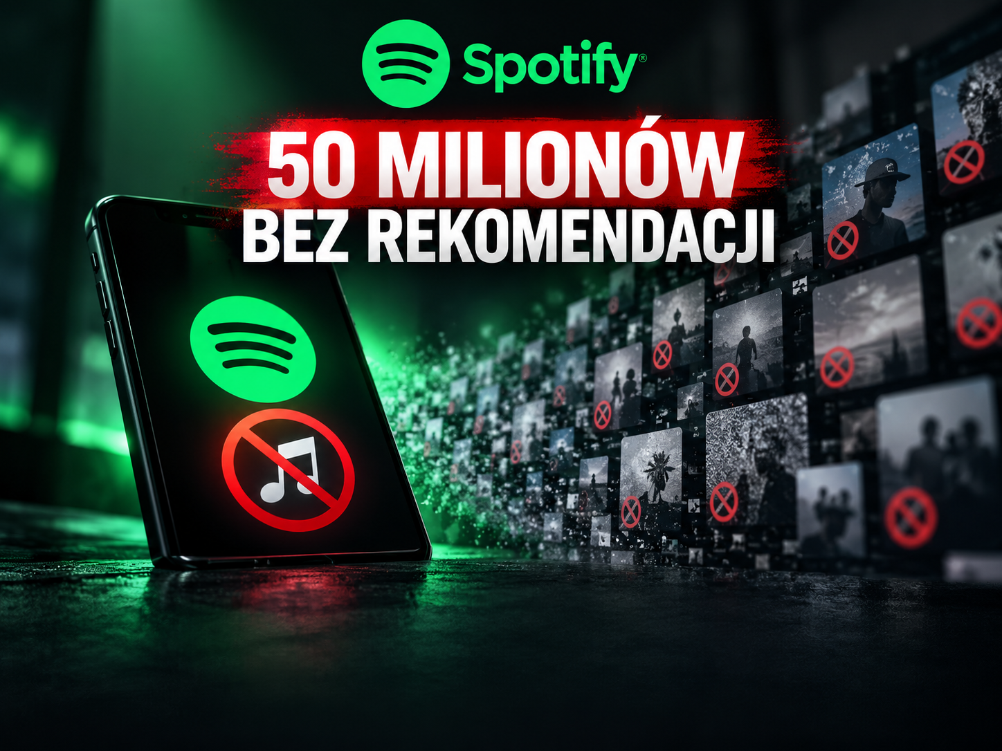 Logo Spotify, telefon i odrzucone nagrania z napisem „50 milionów bez rekomendacji”. Ilustracja wygenerowana przez AI.