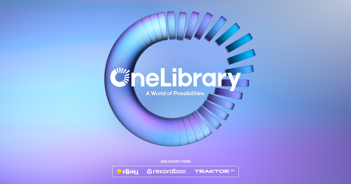 Oficjalna grafika OneLibrary z logo i oznaczeniami djay, rekordbox i Traktor, materiał z premiery standardu w 2025 roku