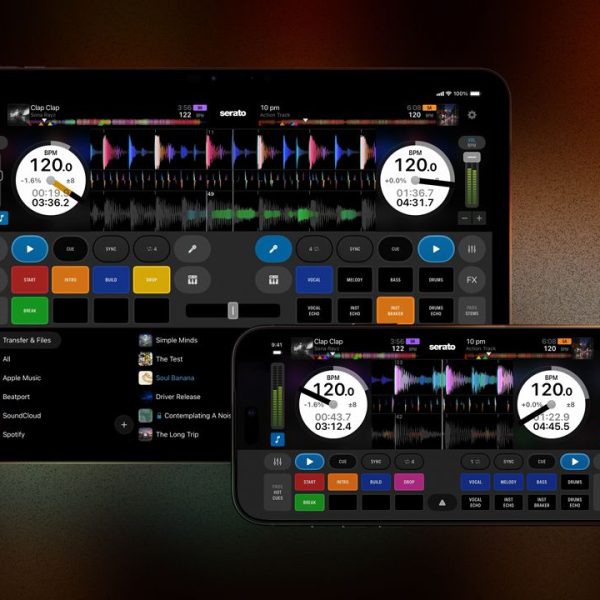 Interfejs Serato DJ for iOS na ekranach iPada i iPhone’a