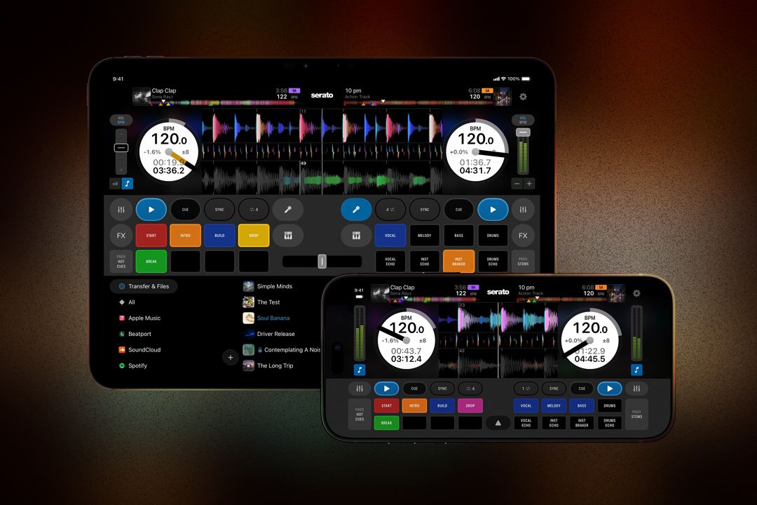 Interfejs Serato DJ for iOS na ekranach iPada i iPhone’a