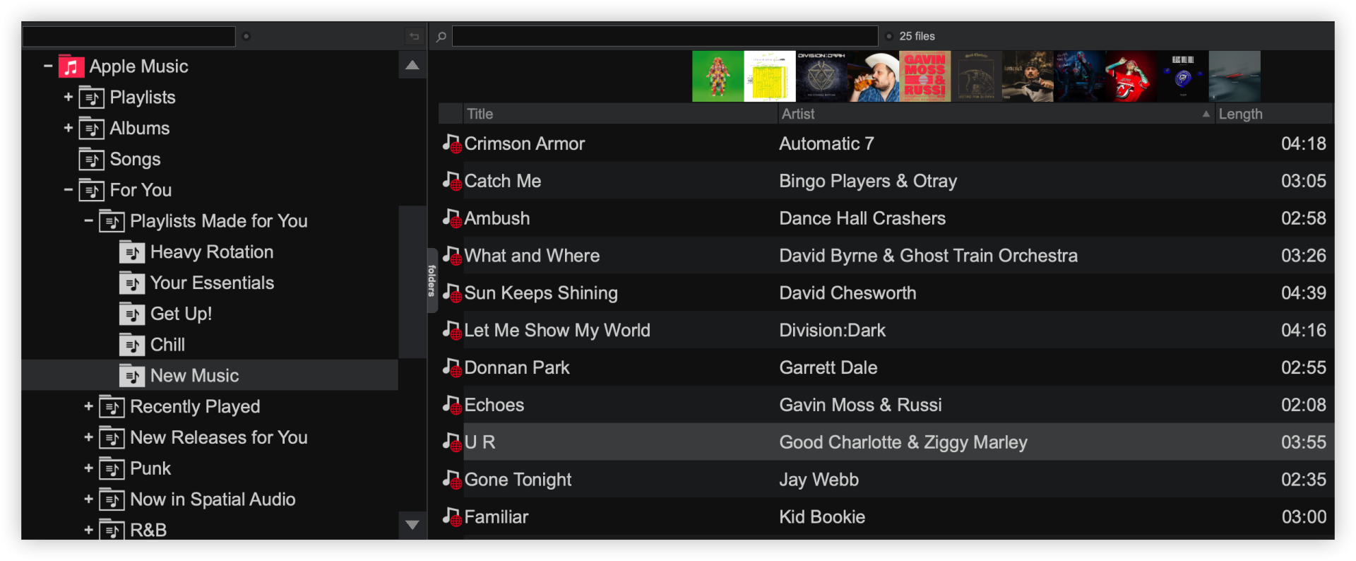Folder Apple Music z playlistami i listą utworów w przeglądarce VirtualDJ